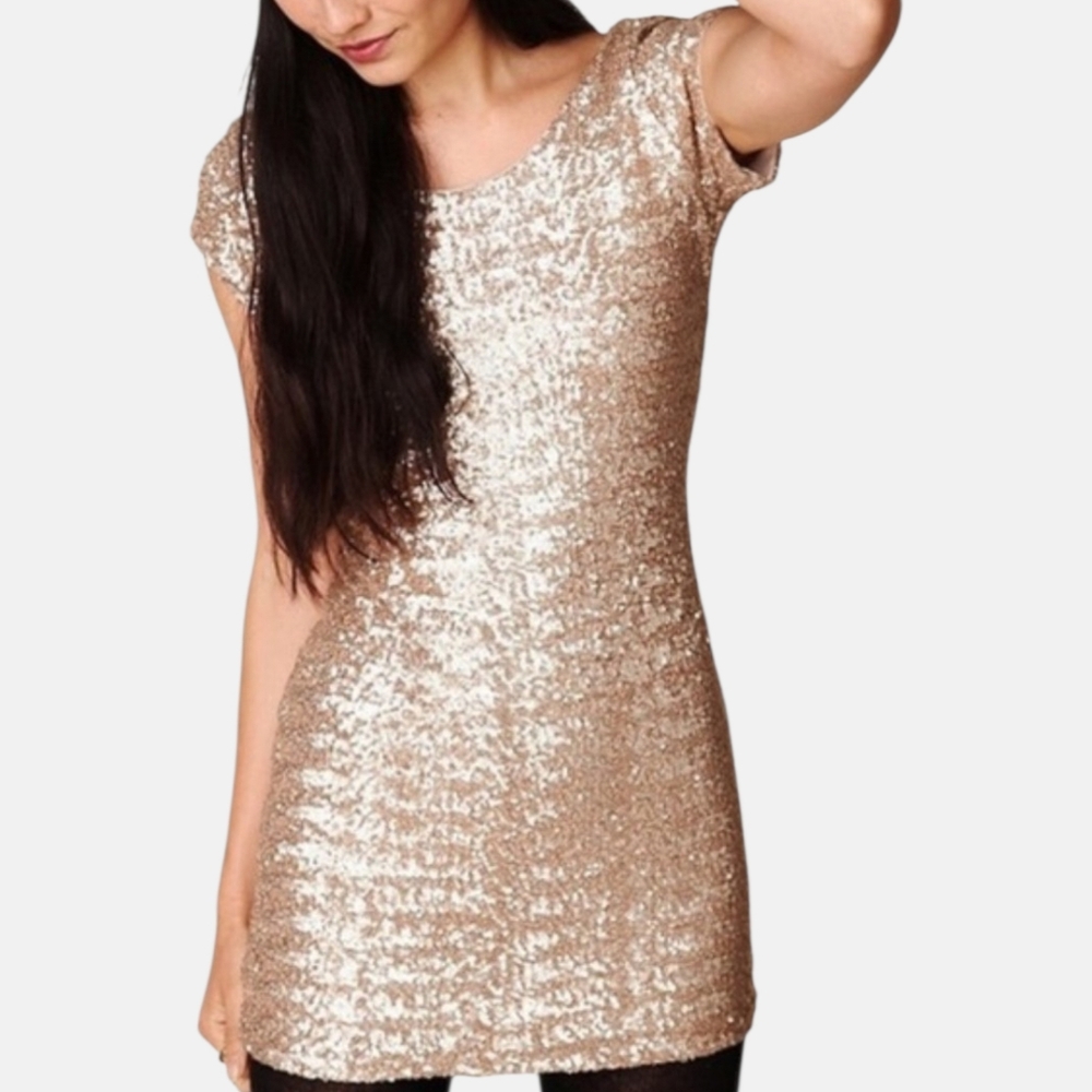 ✨ Free People Backstage Mini Dress | Champagne Gold Sequin | Low Back | Size Med